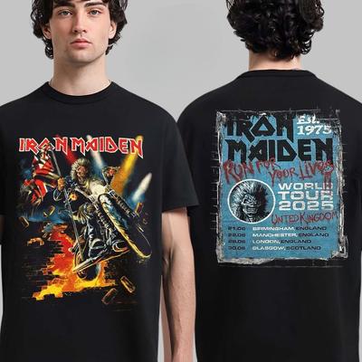 Ir Maiden Run for Your Lives World Tour United Kingdom Event Tour Dates Biker Eddie Breaks Through The Wall Two Sided Unisex Tee