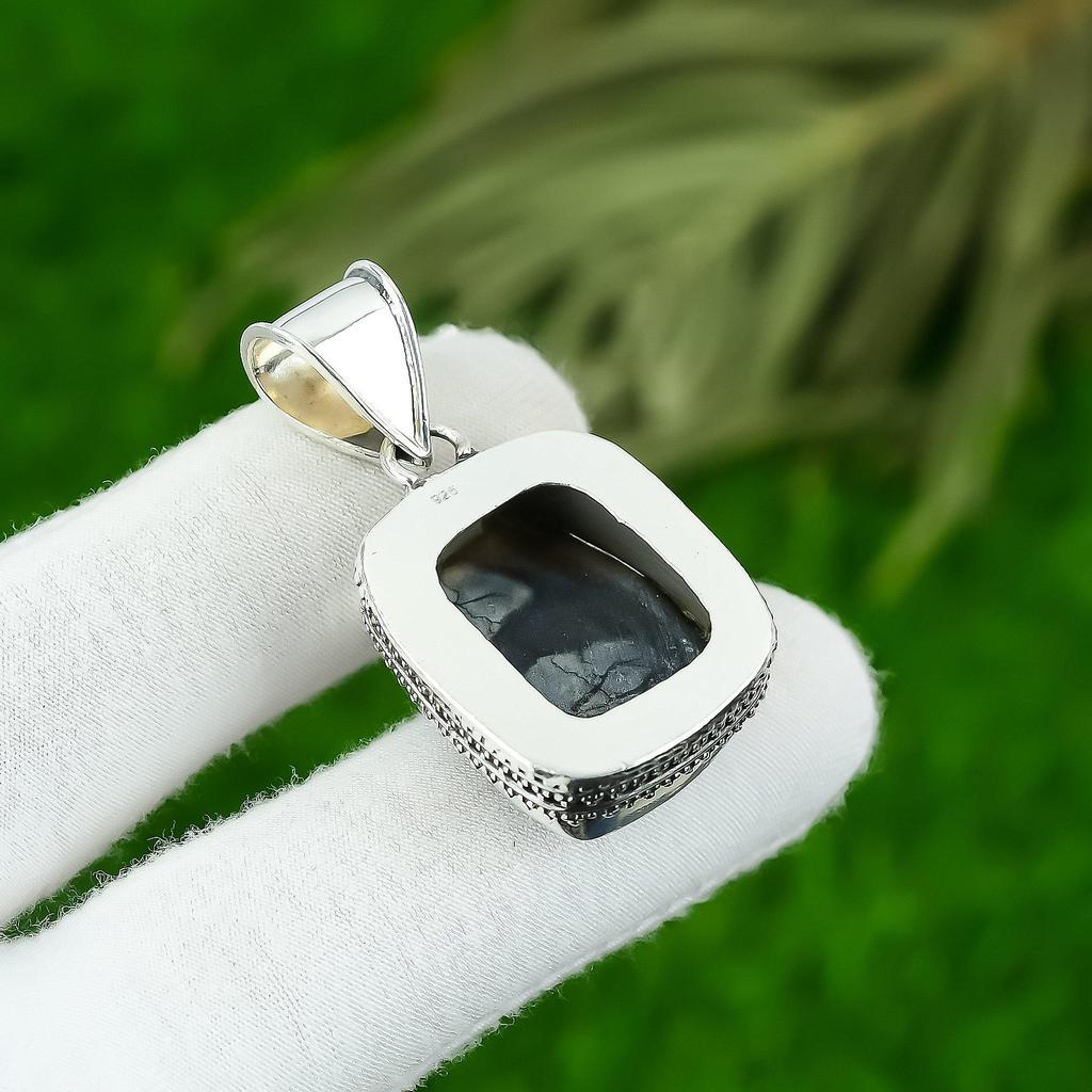 Sterling Silver Radiant Picasso Jasper Stone Daughter Vintage Engagement Pendant