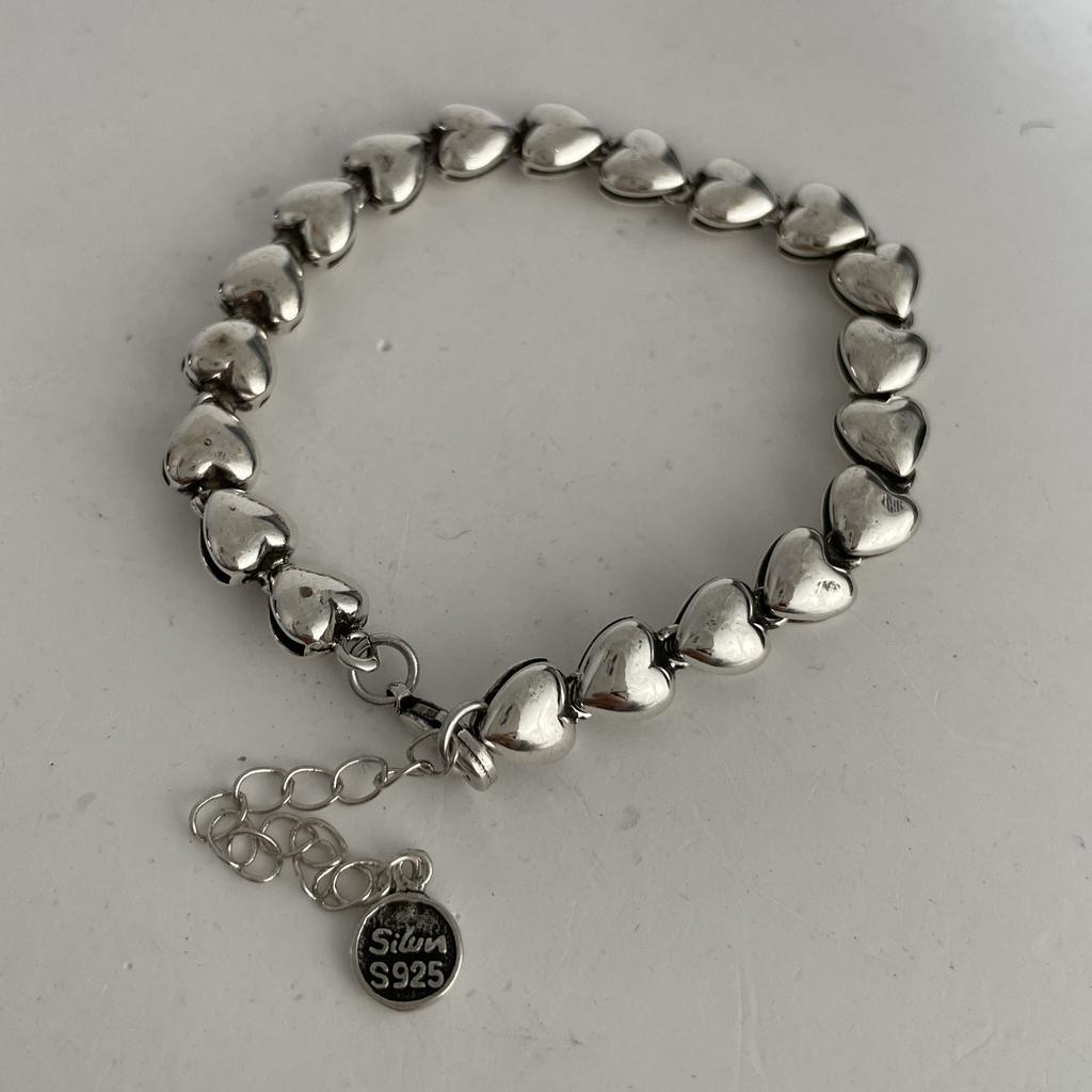 100% Solid 925 Silver Metal Bracelet for Women Vintage Handmade Simple Retro Heart Chain Bracelet Birthday Gift Party