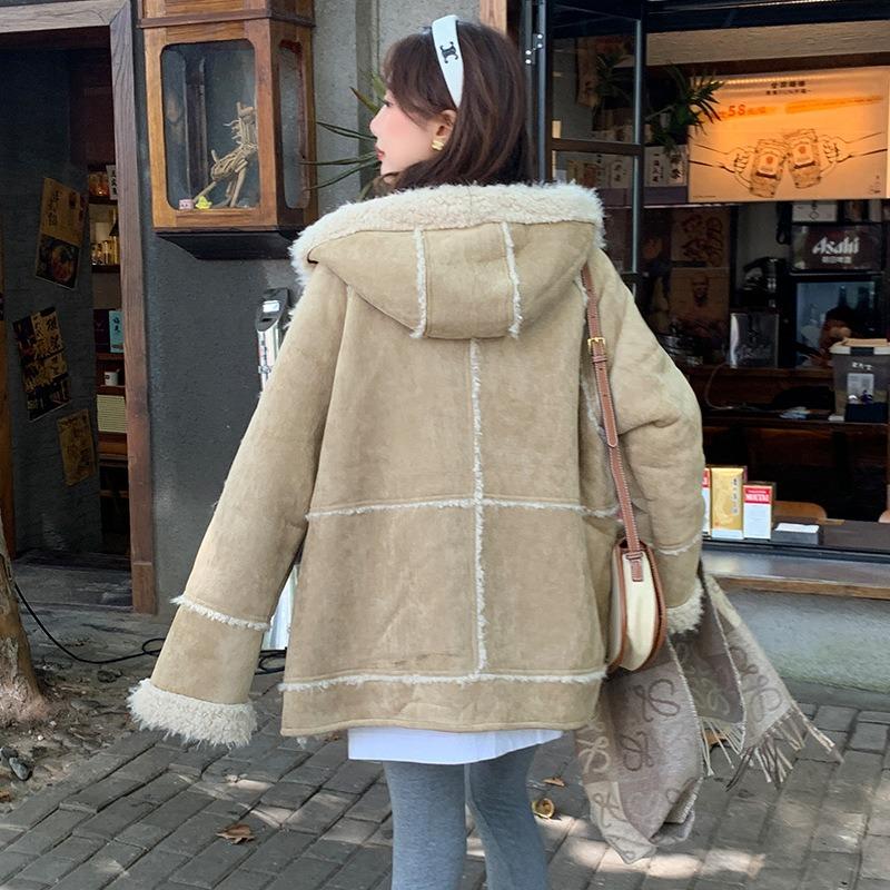 Winter New Hooded Fur Integrated Suede Jacket Imitation Lamb Wool Casual Thin Coat