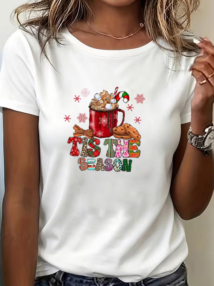 (Asian Size) cute style Tee Top Print New Year Clothing T Shirt Women Fashion Christmas Festival Female Woman Short Sleeve Graphic T-shirts