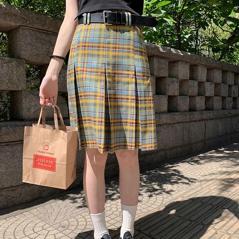 Women Yellow Blue Plaid High Waist Pleated Midi Skirt S жёлтый