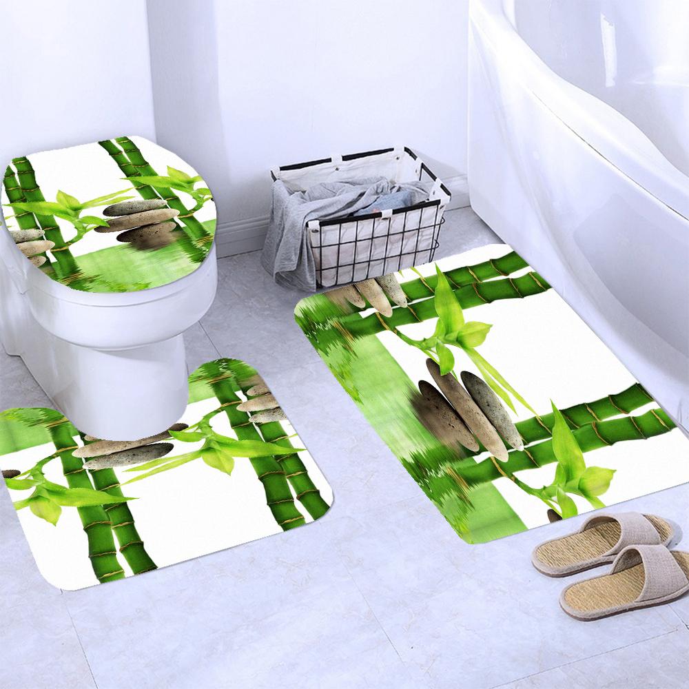 Grüne Pflanzen Bambus Blumen Zen Stein Badezimmervorhang Polyesterstoff Duschvorhänge und Teppiche Toilettendeckel Badematten Set Dekor