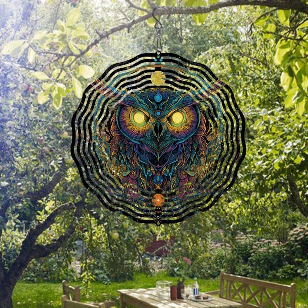 1 Stück Mandala-Stil 3D Dunkle Nacht Eule Metall Windspiel - 360° Drehende Gartendekoration mit Lebhaften Farben, Kein Strom Benötigt