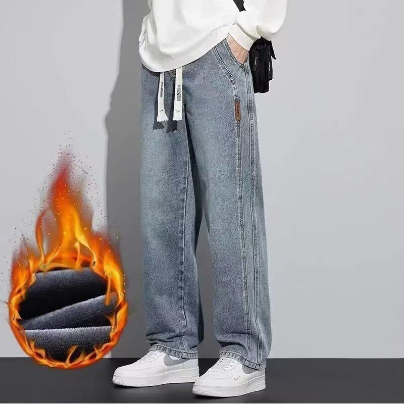 Fleece Jeans Men's New Loose Straight Pants Autumn and Winter Warm Wide-leg Casual Trousers