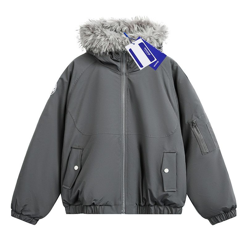 Wassup American Retro Fur Collar Hooded Cotton Parka Jacket for Men and Women, Winter Thickened Minimalist Workwear Cotton Coat