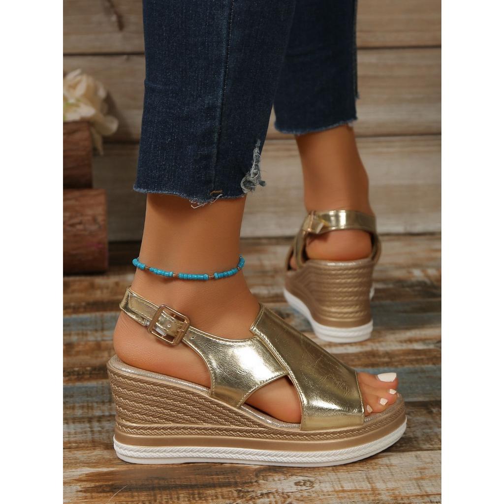 New Summer Wedge Platform Sandals - Women’s Plus Size Hollow Out Shiny Buckle Thick Sole Shoes