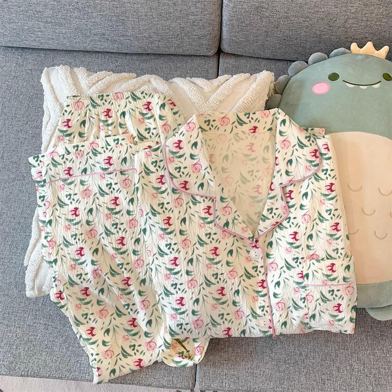 High-Quality Sweet Flower Lapel Cardigan Pajamas Women'S Spring Long-Sleeved Trousers Loungewear Set Can Be Worn Outside
