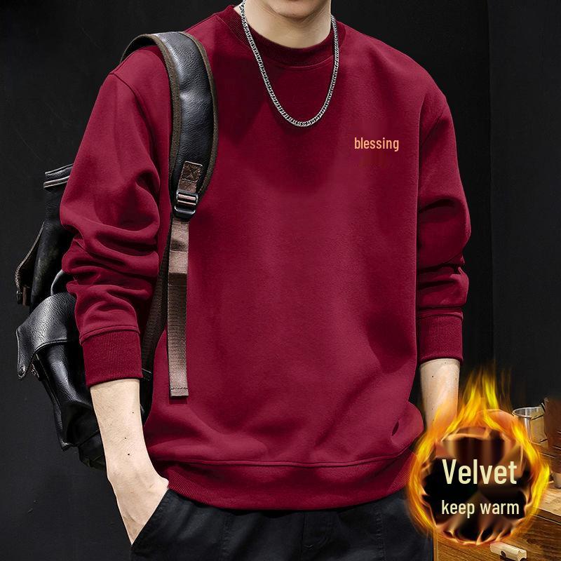 Guochao Men's Oversize Black Hoodie with Round Neck - Warm, Thick, Plus Size for Spring and Autumn.