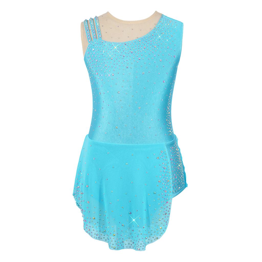 Girls Rhythmic Gymnastics Costume Sparkling Rhinestone Mesh Patchwork Sleeveless Dress with Built-in Briefs for Stage Competition
