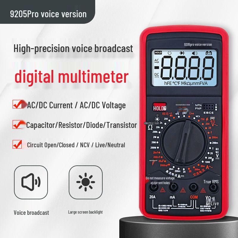 9205Pro+ High Precision Smart Multimeter with Voice Alerts for AC/DC Current, Voltage, and Capacitance Measurement