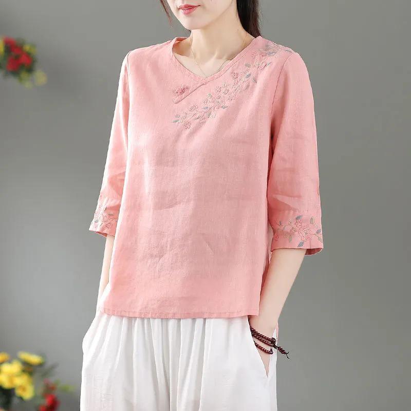 Ethnic Style Cotton-Linen Embroidered T-Shirt: Artistic Retro, Buttoned, Round Neck, Short Sleeve, Summer Loose Fit for Women