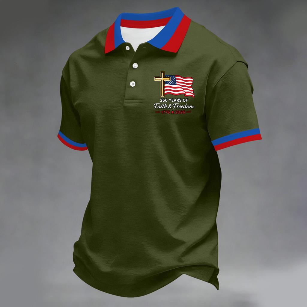 Herren Kurzarm-Polohemd mit Flaggen-Patch und Stickerei Klassische Passform Komfortables Design