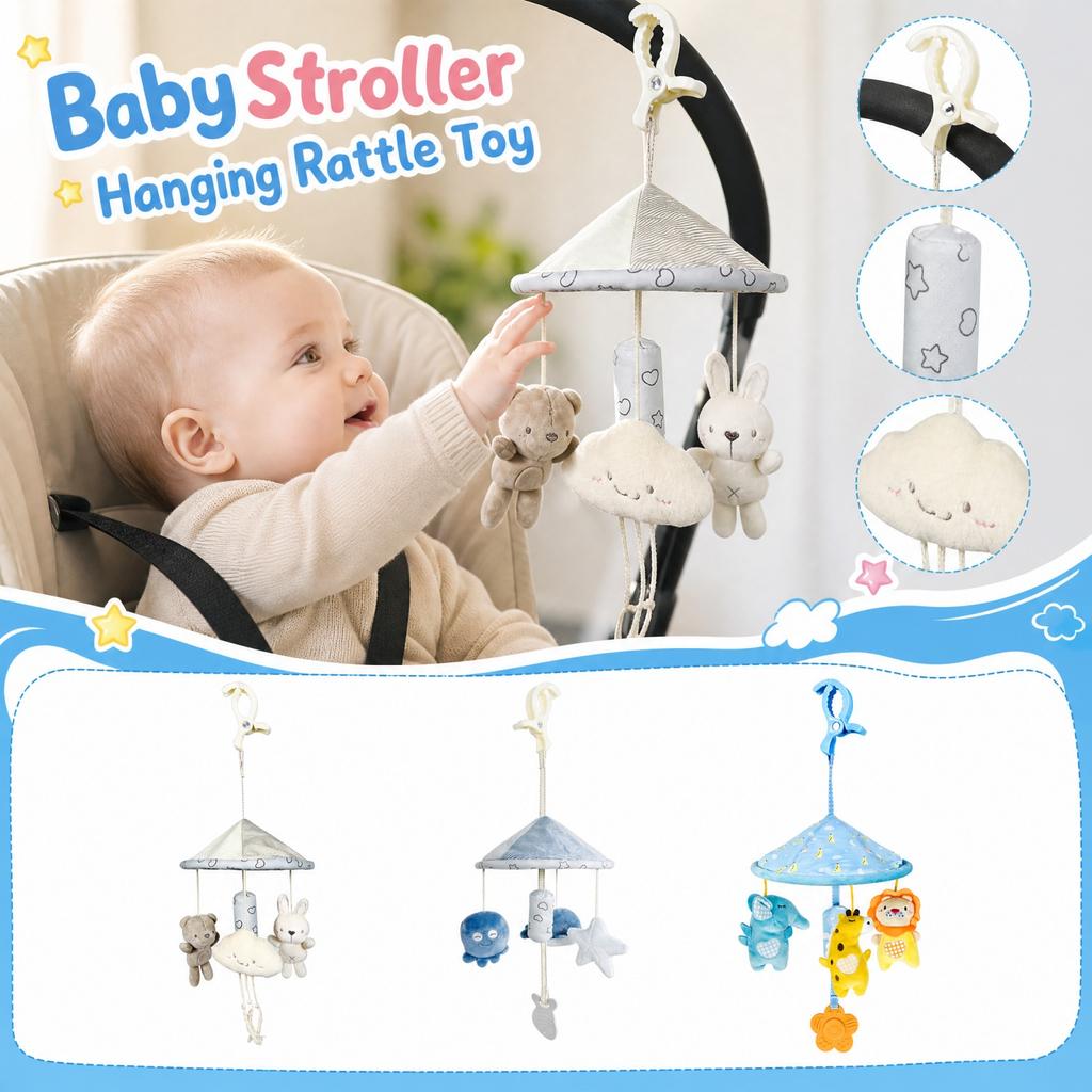 Baby Stroller Hanging Toy with Rattle and Pull String for Infant Car