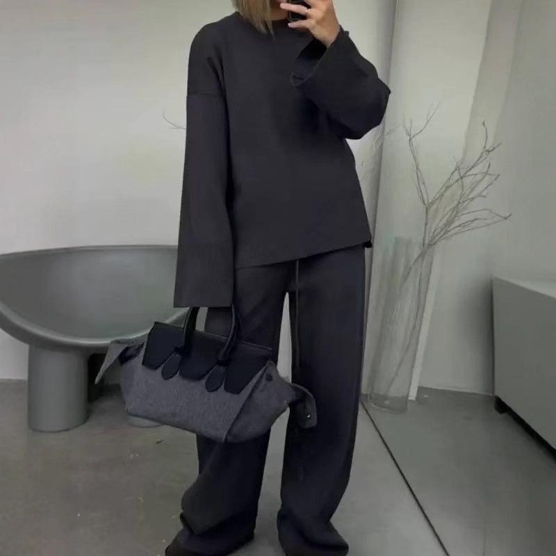 European & American Style Women's Solid Color Long Sleeve Wide Leg Pants Sweater Set