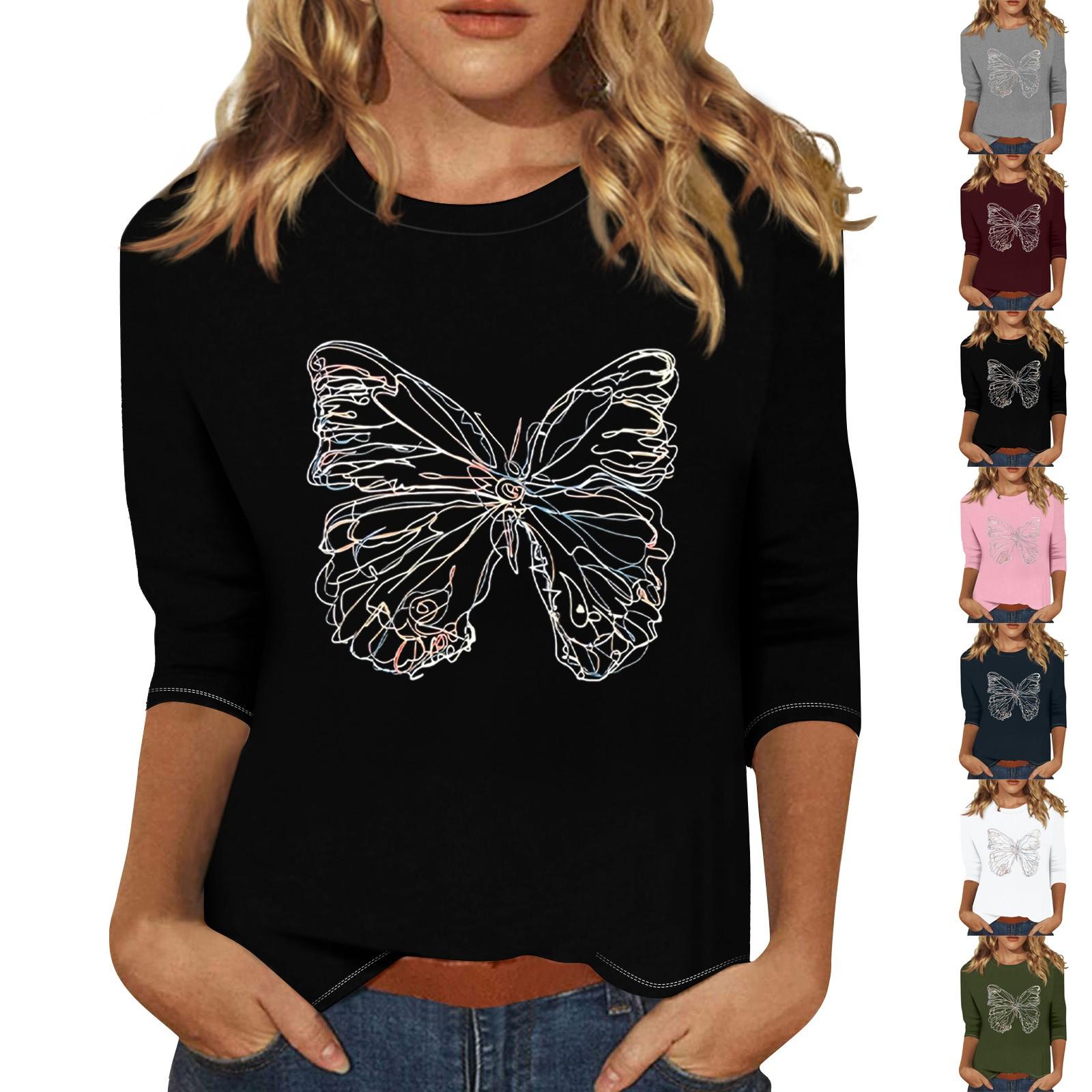 

Women s Fashion Casual Seven-Point Sleeve Print Round Neck Top M білий