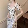 Square Collar Coffee Break French Dress Women's Summer New Irregular Split Fork Meat Cover Thin Floral Skirt