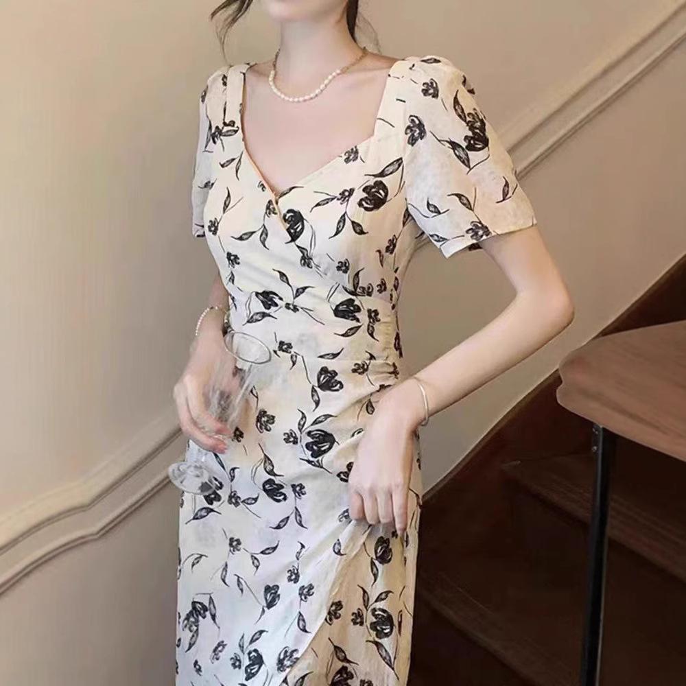 Square collar coffee break French dress women's summer new irregular split fork meat cover thin floral skirt