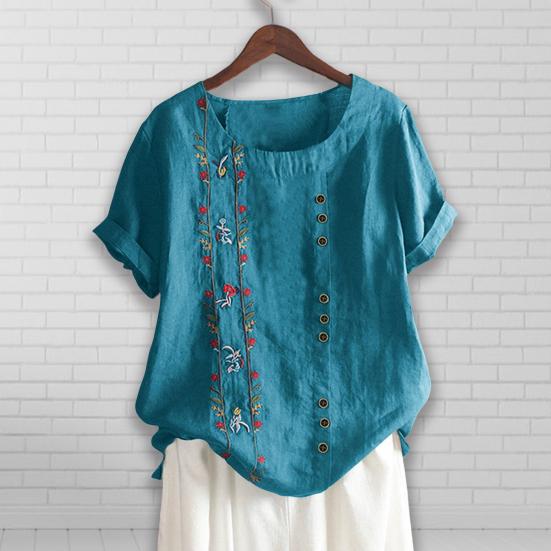 O-Neck Short Sleeve Loose Fit Women Shirt Embroidery Flower Print Buttons Decor Shirt Top Streetwear