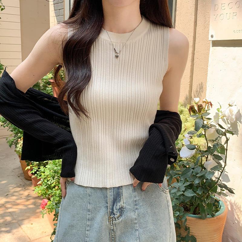 Solid Color Short Knitted Crew Neck Vest Women's Inner Summer Sleeveless Vest Slim Fit Wide Shoulder Strap Outer Bottom Top
