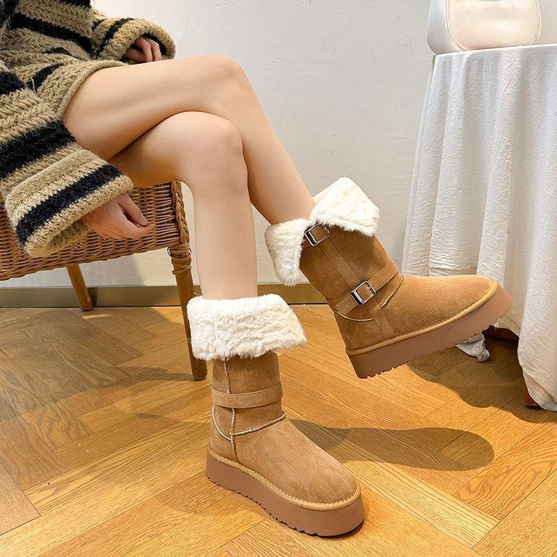 Fashion versatile belt buckle warm medium tube Martin boots winter 2025 new thick-soled velvet thickened snow boots women
