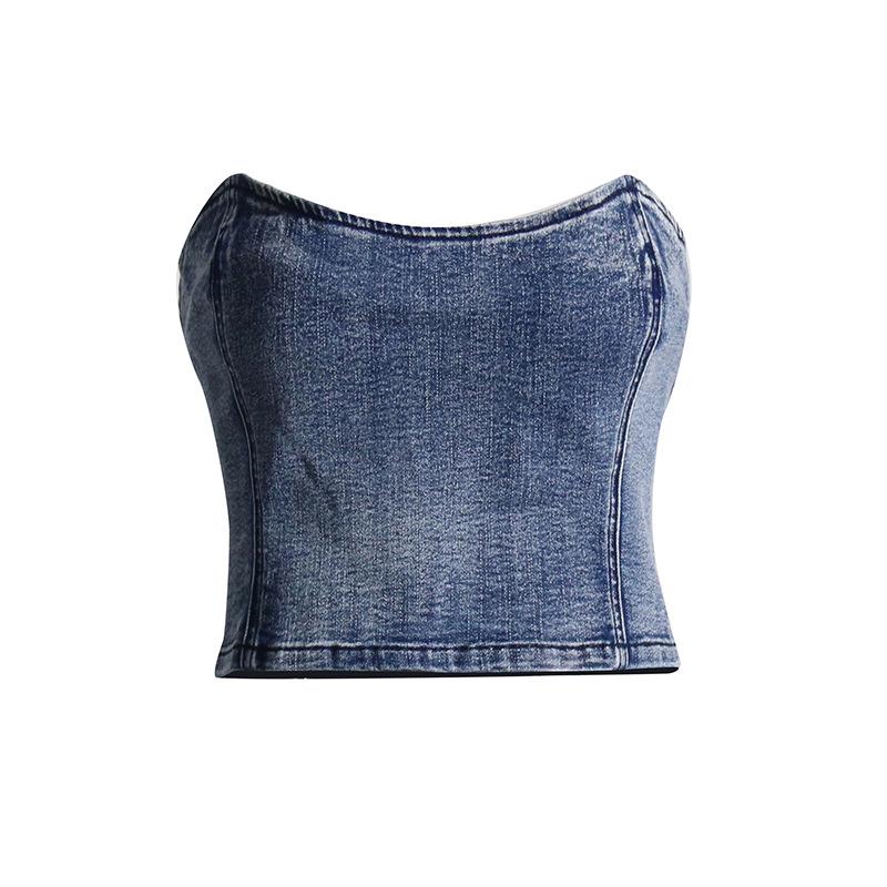 Spring 2025 European & American Sexy Washed Denim Zipper Tube Top