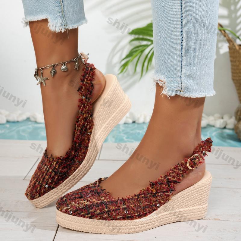 Women Straw Woven Wedge Heel Thick Bottom Sandals Female Solid Platform Open Toe Sandals 2026 Spring New Fashion High Heel Shoes