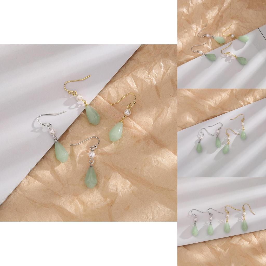 Vintage Pearl Copper Earrings For Women Retro Style Women's Ear Drops With Tianshan Jade Lotus Flower Design