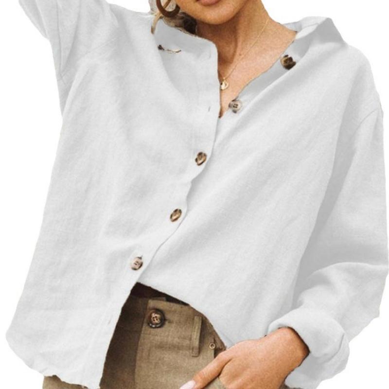 Women s Spring Summer Cotton Linen Blouse Casual Loose Lapel Long Sleeve Button Down Shirt S белый