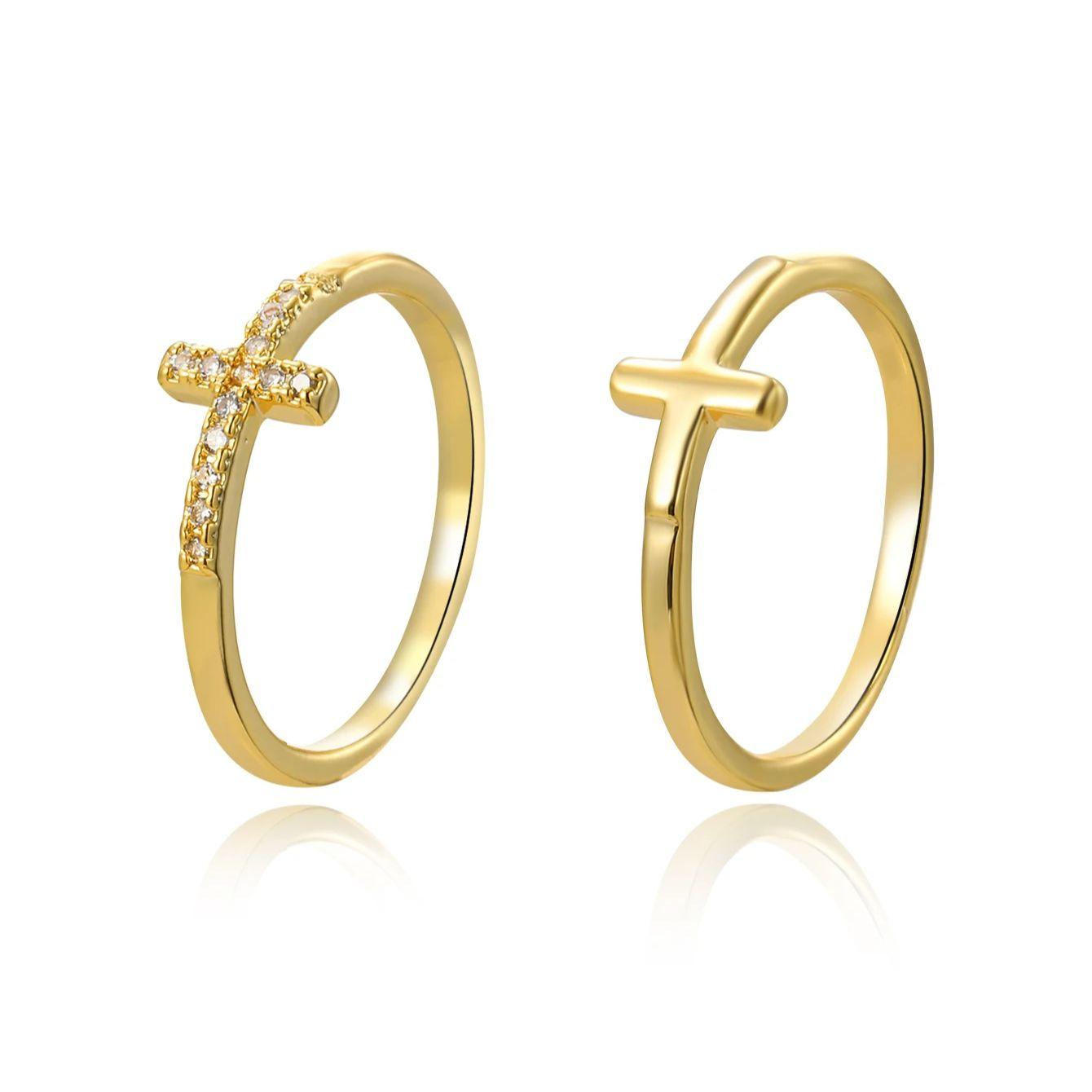 Cross diamond ring 2pcs s exquisite luxury women gold color Crystal zircon size7 золотой