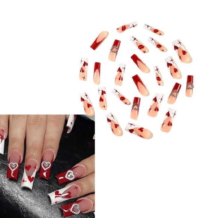 24pcs Long Coffin False Nail Square Shape with 3D Charms Artificial Nail Full Cover Press On Nail for Women and Girls