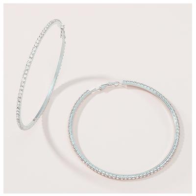 [R7221] - Silver White 'Sissi' Rhinestone Hoop Earrings - 8 Cm 2 Mm