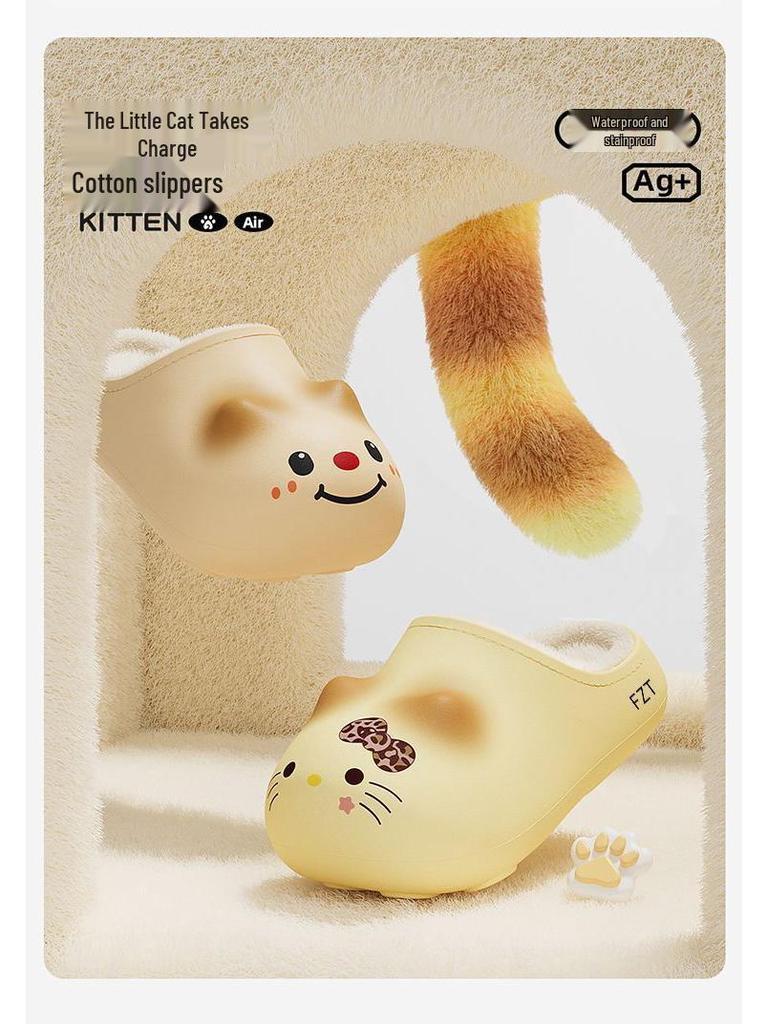 Waterproof Anti-slip Kitten Backless Cotton Slippers with Thick Plush Sole and Cartoon Design for Girls and Kids - New 2025 Style