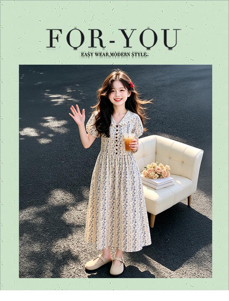 Girl's Elegant Blue & White Floral Lapel Summer Dress 2026