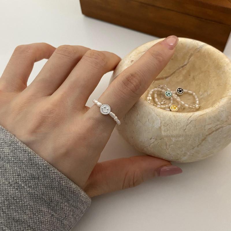 Charming Geometric Design Korean Style Smiley Face Natural Baroque Pearl Ring For Women