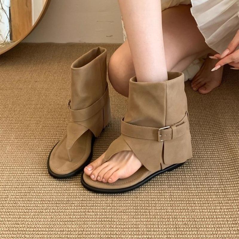 Soft Leather French Toe Post Sandals Women's Summer New Flat Boot Loose Tube Short Boots Roman Style Micro Fiber Shoes