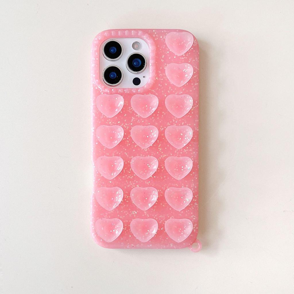 Heart-Shaped Glitter Phone Case with Suction Cup for Apple 17 PROMAX, Trendy 16ins Style 14PRO, Creative 15 Semi-Transparent