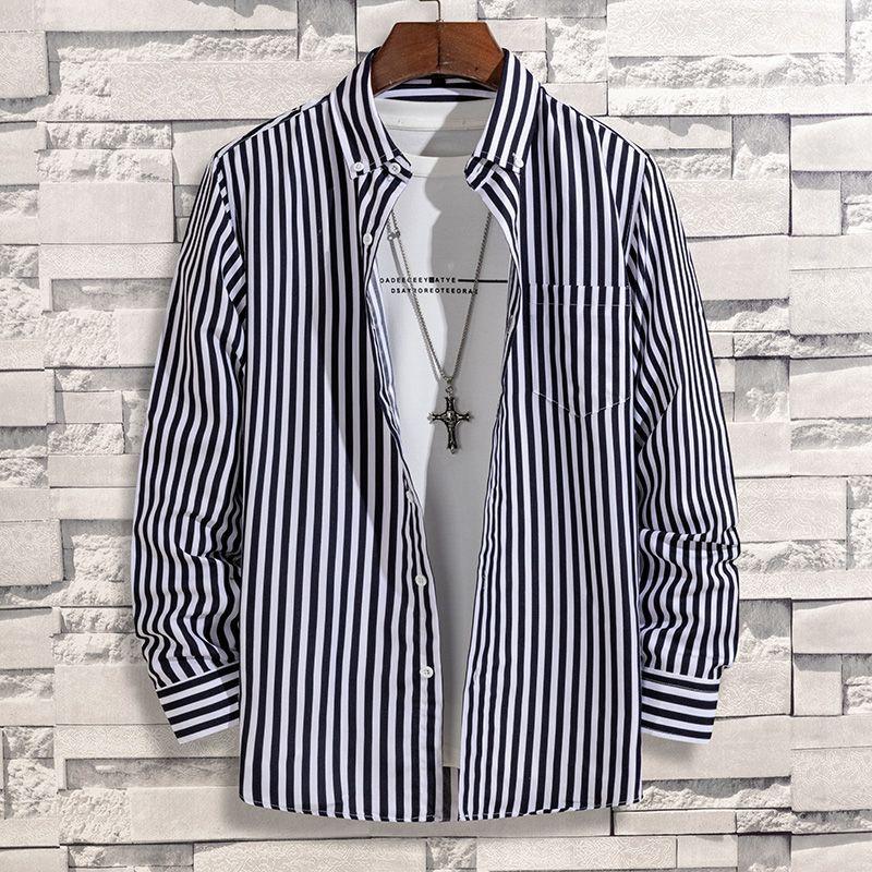 Spring and Autumn Vertical Striped Printed Shirt Men's Middle-aged and Young Comfortable Pocket Long-sleeved Shirt Men