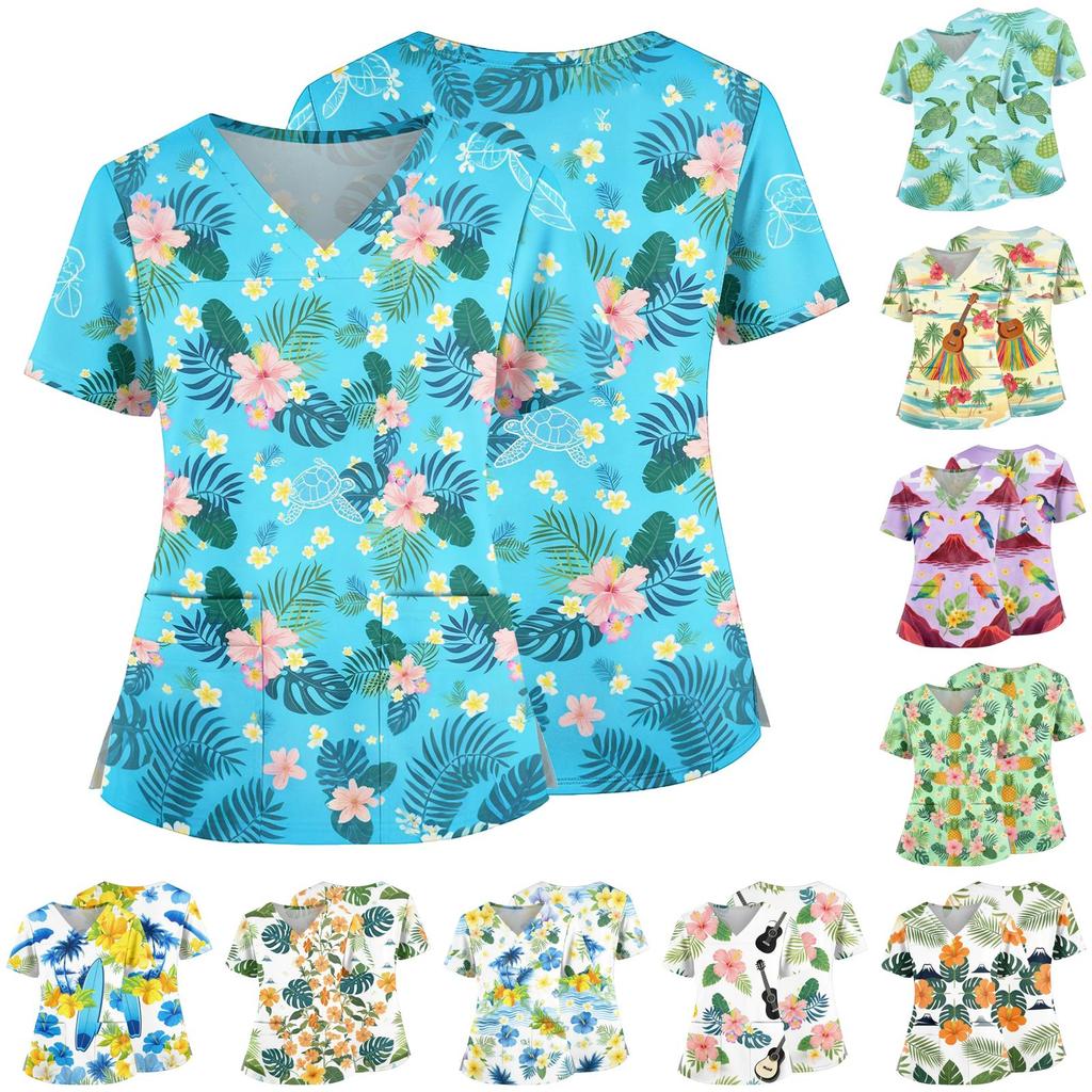 Women Nurse Scrub Top Hawaiian Print V Neck Short Sleeve Medical Uniform Shirt with Pockets and Side Slits for Healthcare Professionals
