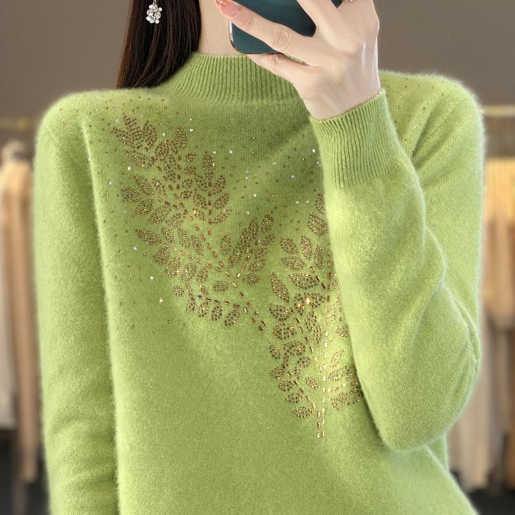 Fall Winter Crystal Mock Neck Knit Base Layer Women Sweater Inner Wear Pullover