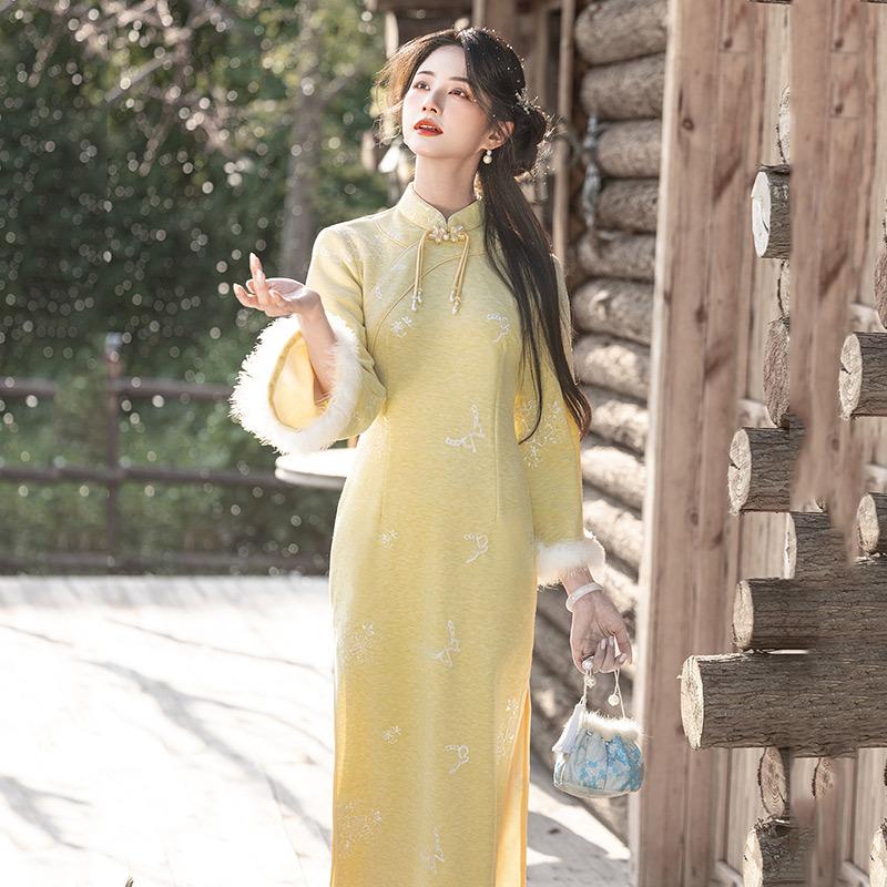 High-Waist Retro Cheongsam: Women's Autumn/Winter Slimming Dress
