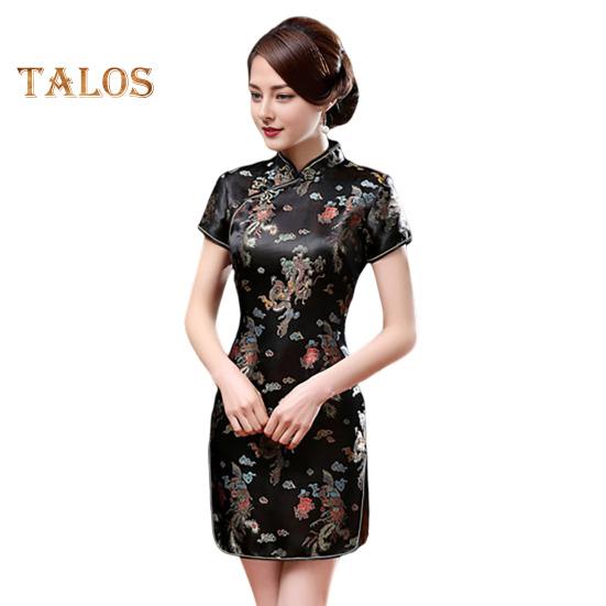 Women Summer Cheongsam Stand Collar Plum Blossom Print Short Sleeves Split Hem Qipao Slim Fit Retro Chinese Style Above Knee Length Wedding Party