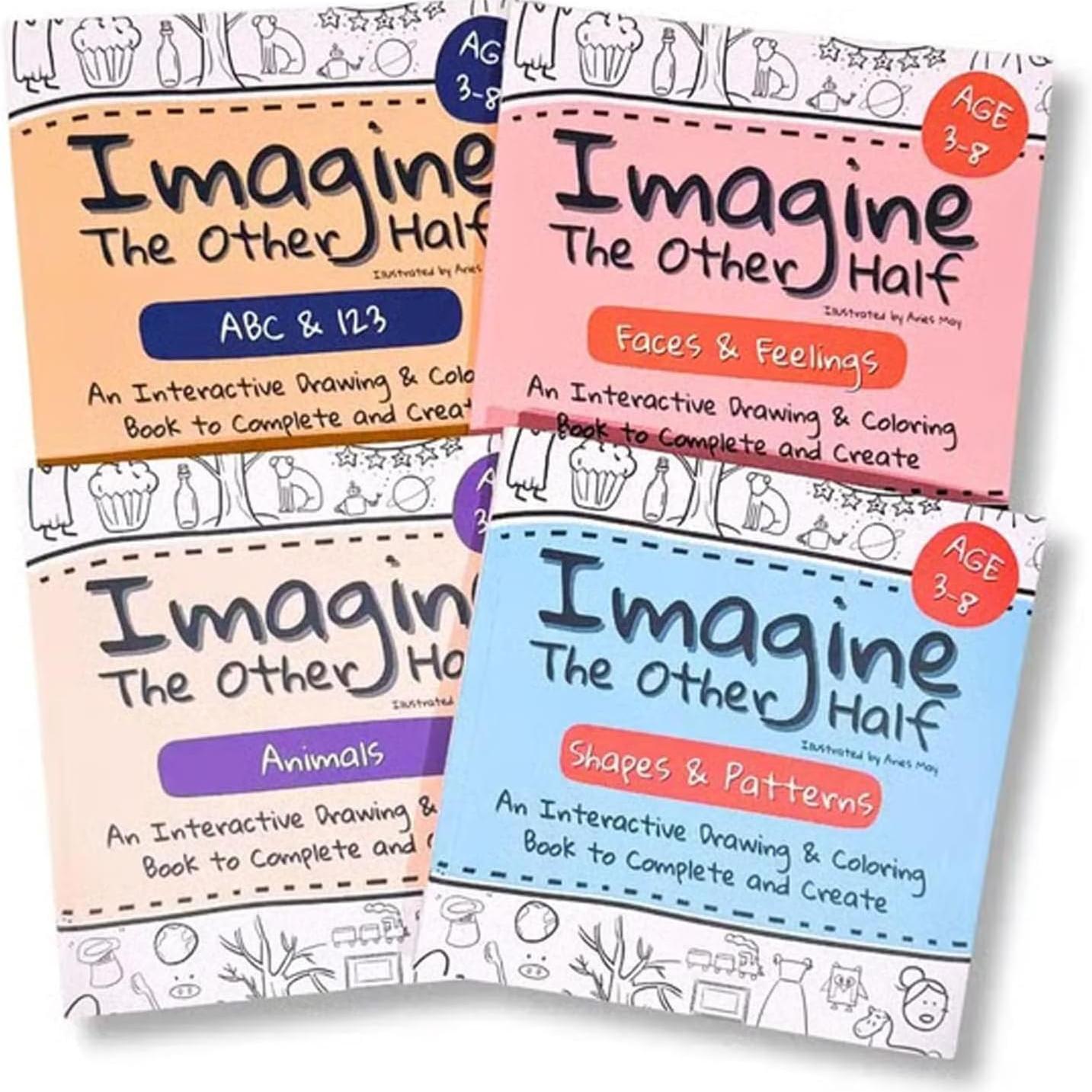 Imagine The Other Half: Interactive Creative Drawing & Coloring Book, Animal-Themed Drawing Activity Book, Build Visual Thinking,Anti-Bleed Pages 4pcs set