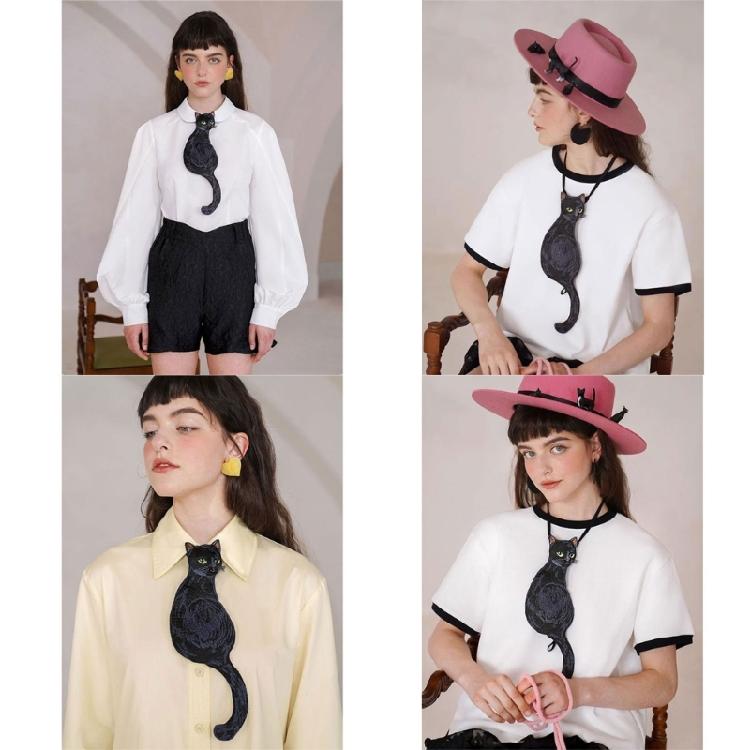 Unique Black Cats Embroidery Appliques Neck Tie Vintage Adjustable Pre Tied Necktie For Parties Event or Everyday Outfit