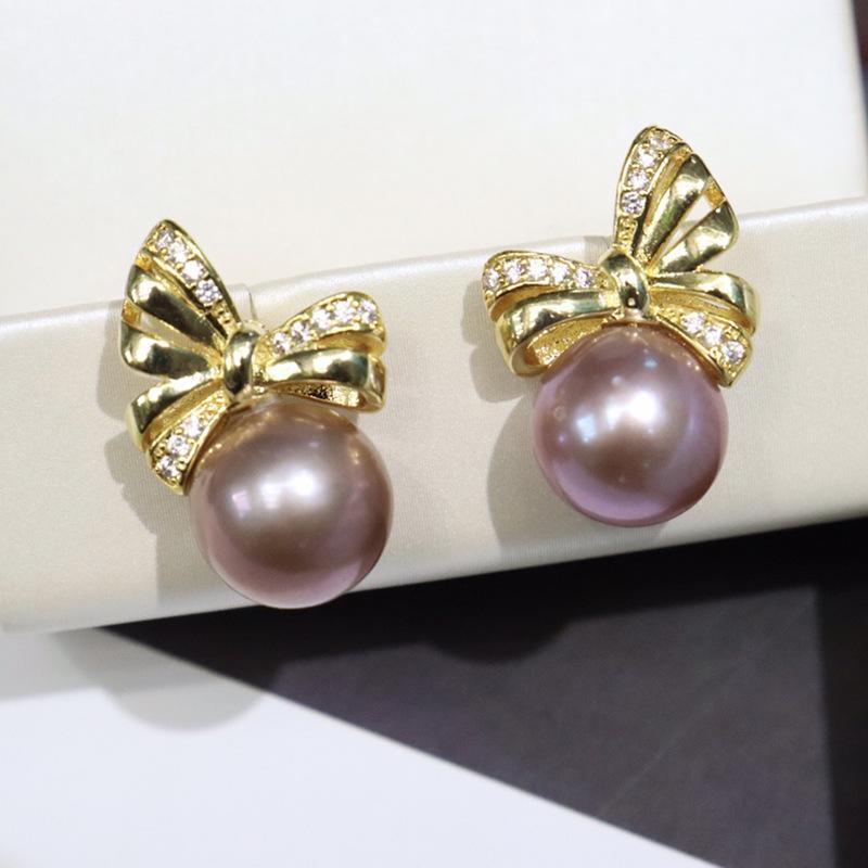 Bowknot Freshwater Pearl Stud Earrings 10-11mm - Round, Slight Imperfections, Good Luster, Light Luxury, Trendy Internet Celebrity Style.