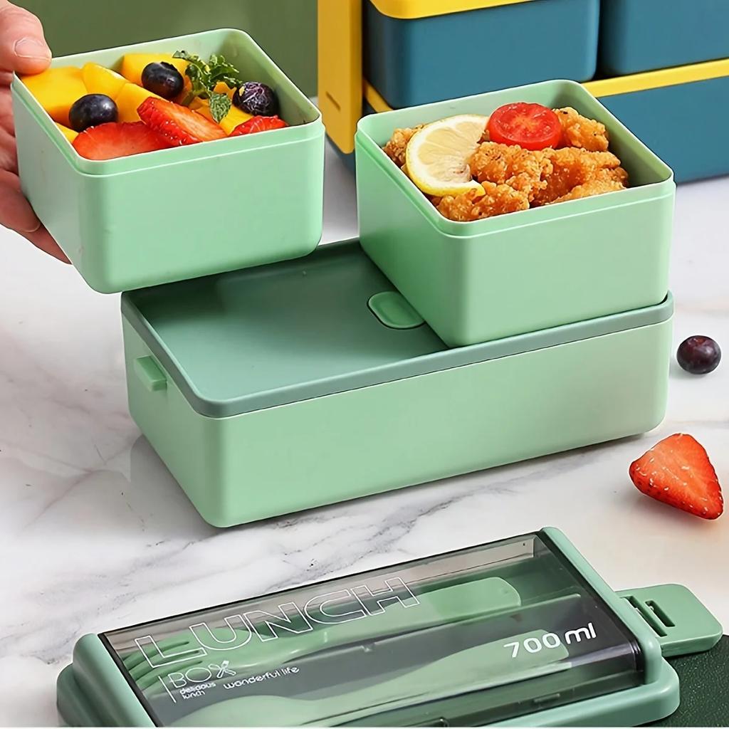 1pc Microwave-Safe Dual-Compartment Lunch Container Fresh-Keeper with Spacious Compartments and Complete Cutlery Set