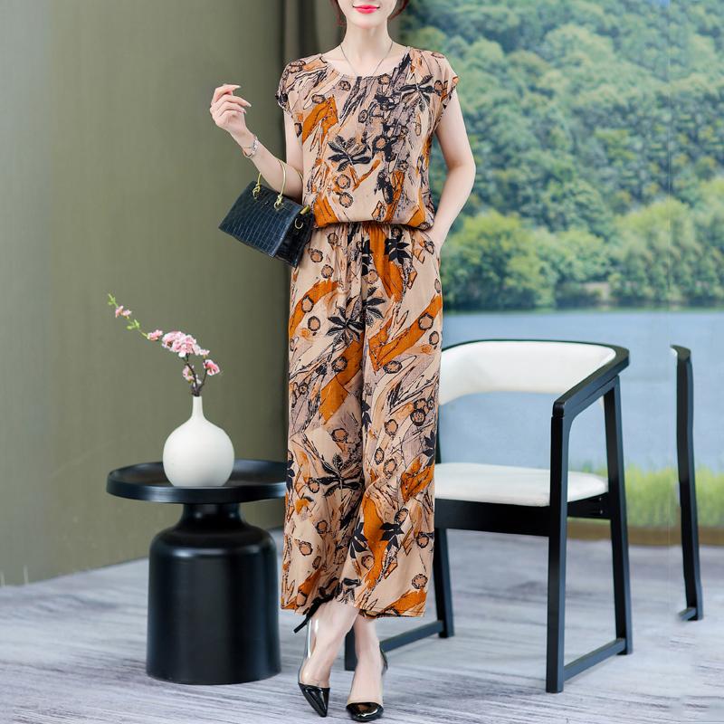 Plus Size Summer Pants Sets for Women Elegant Loose Vintage Print 2 Piece Outifts
