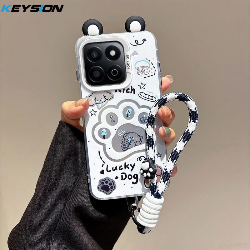 KEYSION Cute Ear Cartoon Case for HONOR X7c with Lanyard Soft Silicone+PC Shockproof Phone Cover for Huawei Honor 200 Smart 5G