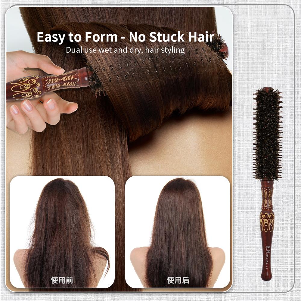Natural Wooden Bristle Hair Round Brush Hair Roller Brush Hairdressing Anti Static Professional Barber Hair Comb Styling Tools