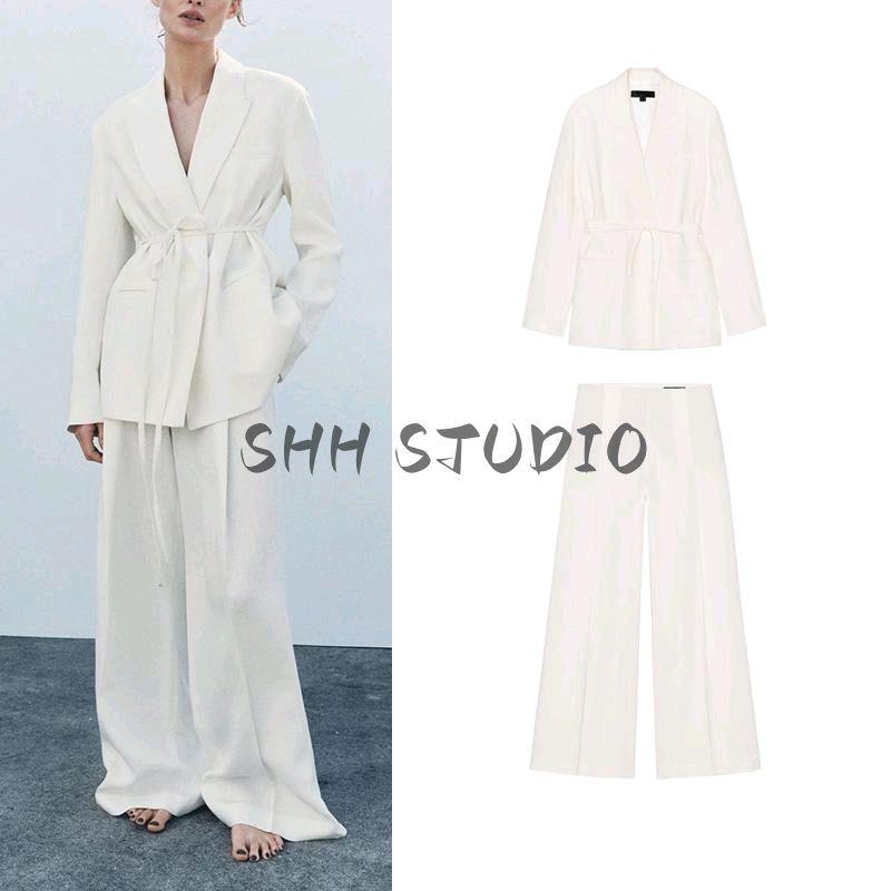 Spring New Women's Clothing White Pleated Casual Pants 2420586 Linen Blend Suit Outwear 2464586